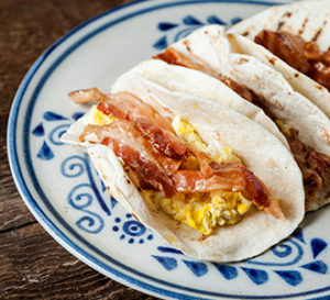 breakfast tacos with eggs and bacon
